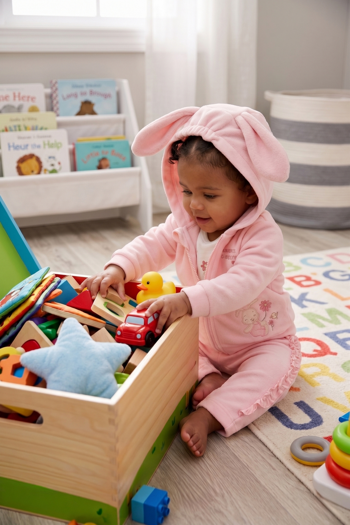 KADİFE KAPŞONLU HIRKA 3LÜ TAKIM (HAPPY BUNNY) PEMBE