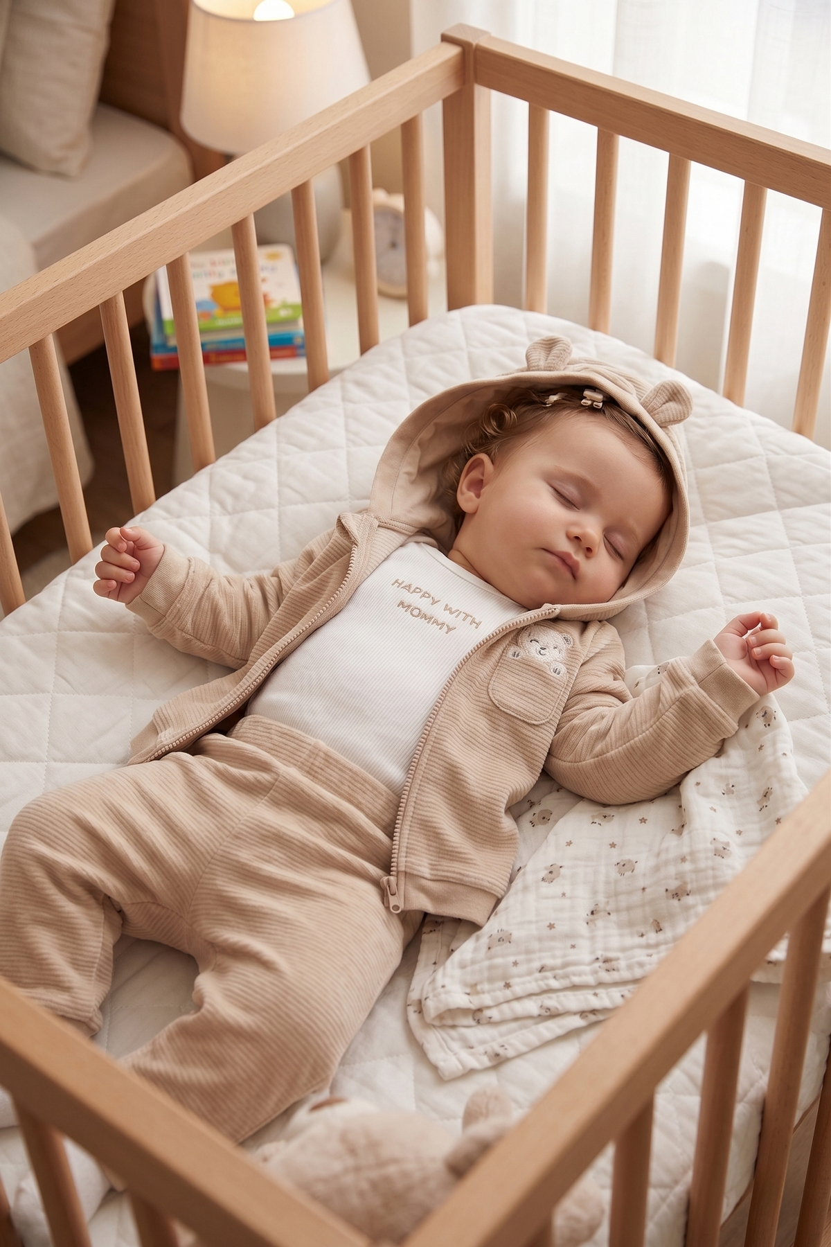 KADİFE KAPŞONLU HIRKA 3LÜ TAKIM (HAPPY WITH MOMMY) BEJ