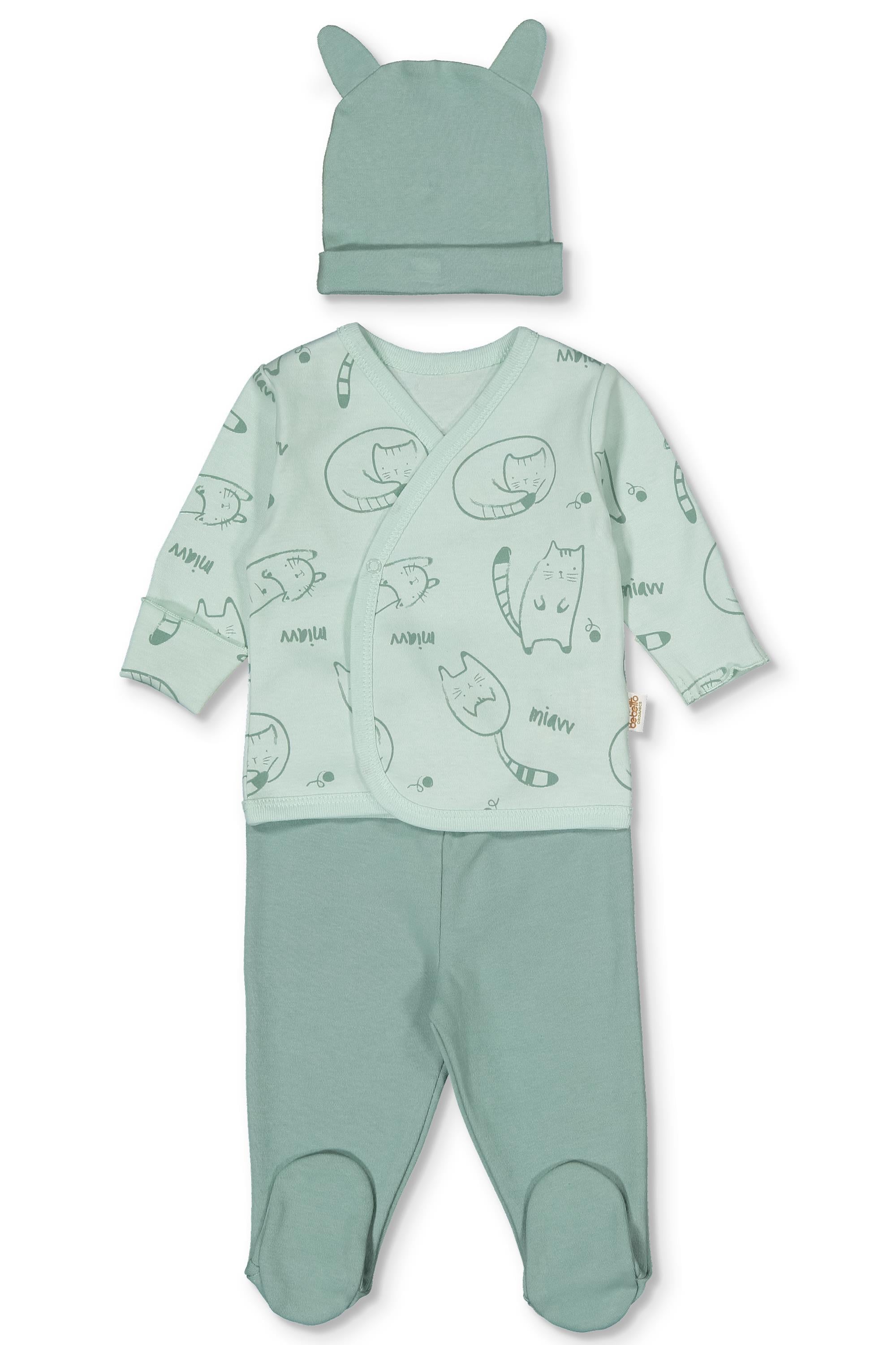 ORGANİK İNTERLOK ZIBIN SET 3LÜ (ORGANIC SLEEPY CAT) YEŞİL
