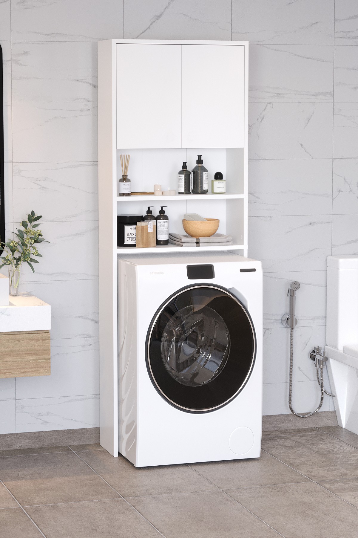 Çamaşır Makinesi DolabıPlato Çamaşır Makinesi Dolabı 4 Raflı 2 Kapaklı Çamaşır Makinesi Dolabı Banyo Dolabı