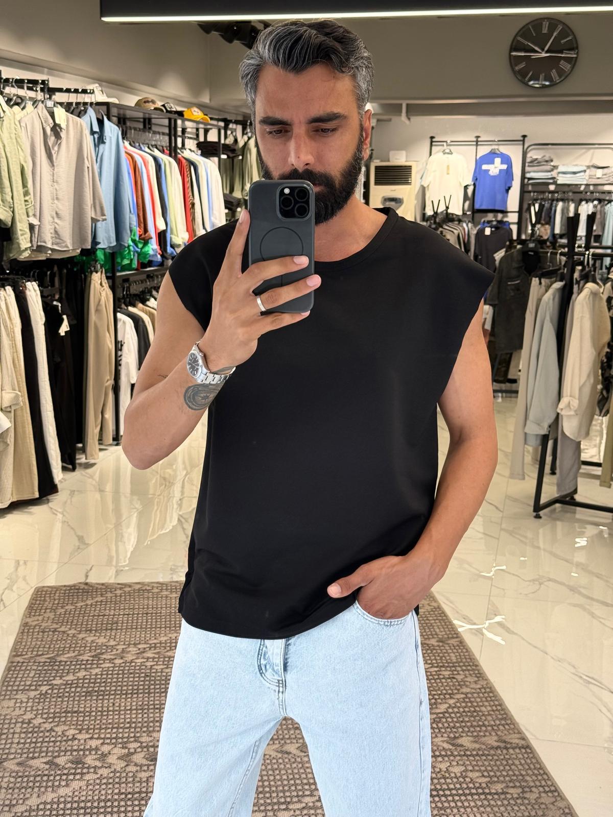 1 Baskılı Kolsuz Oversize Tişört Siyah