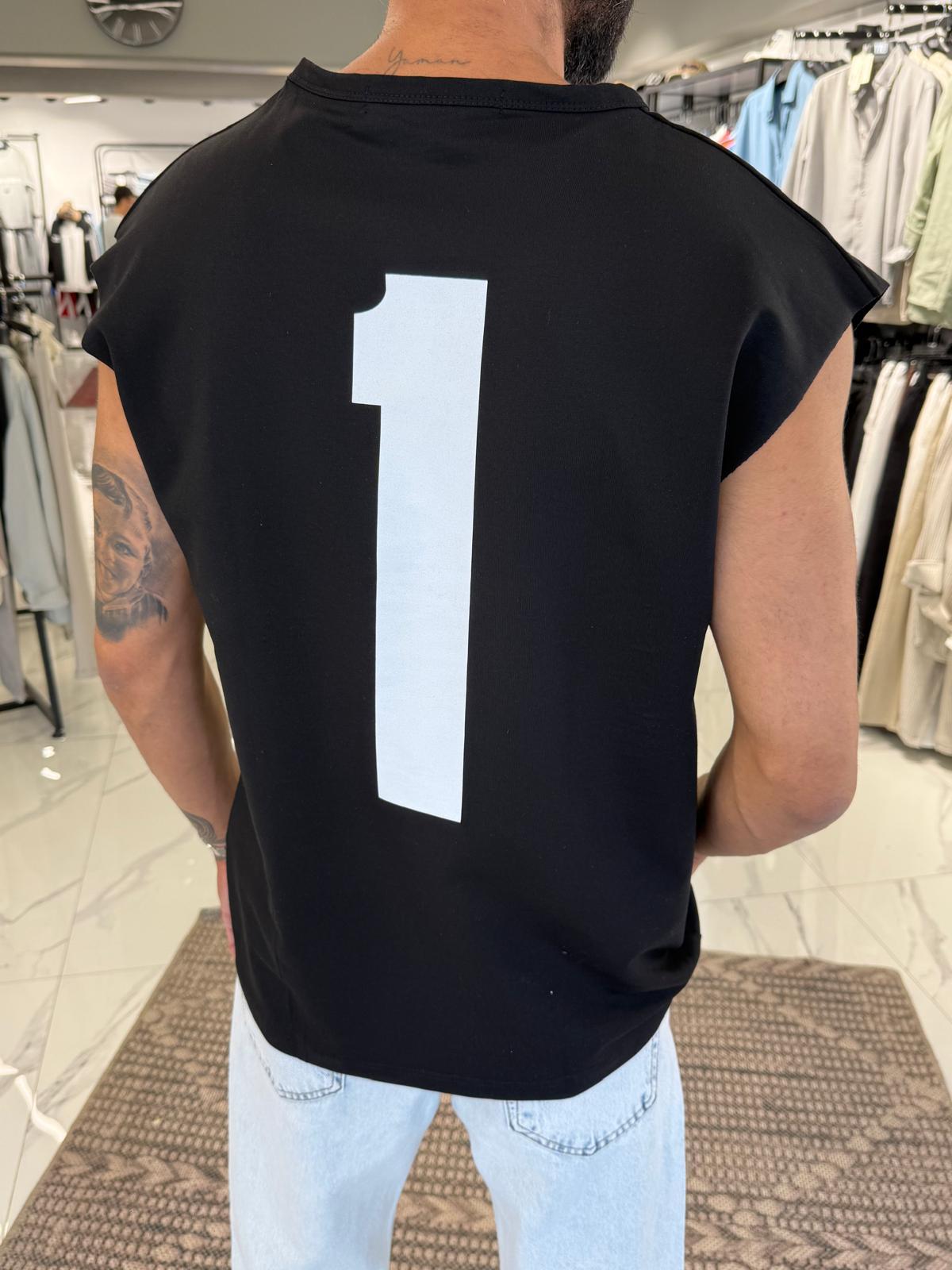 1 Baskılı Kolsuz Oversize Tişört Siyah