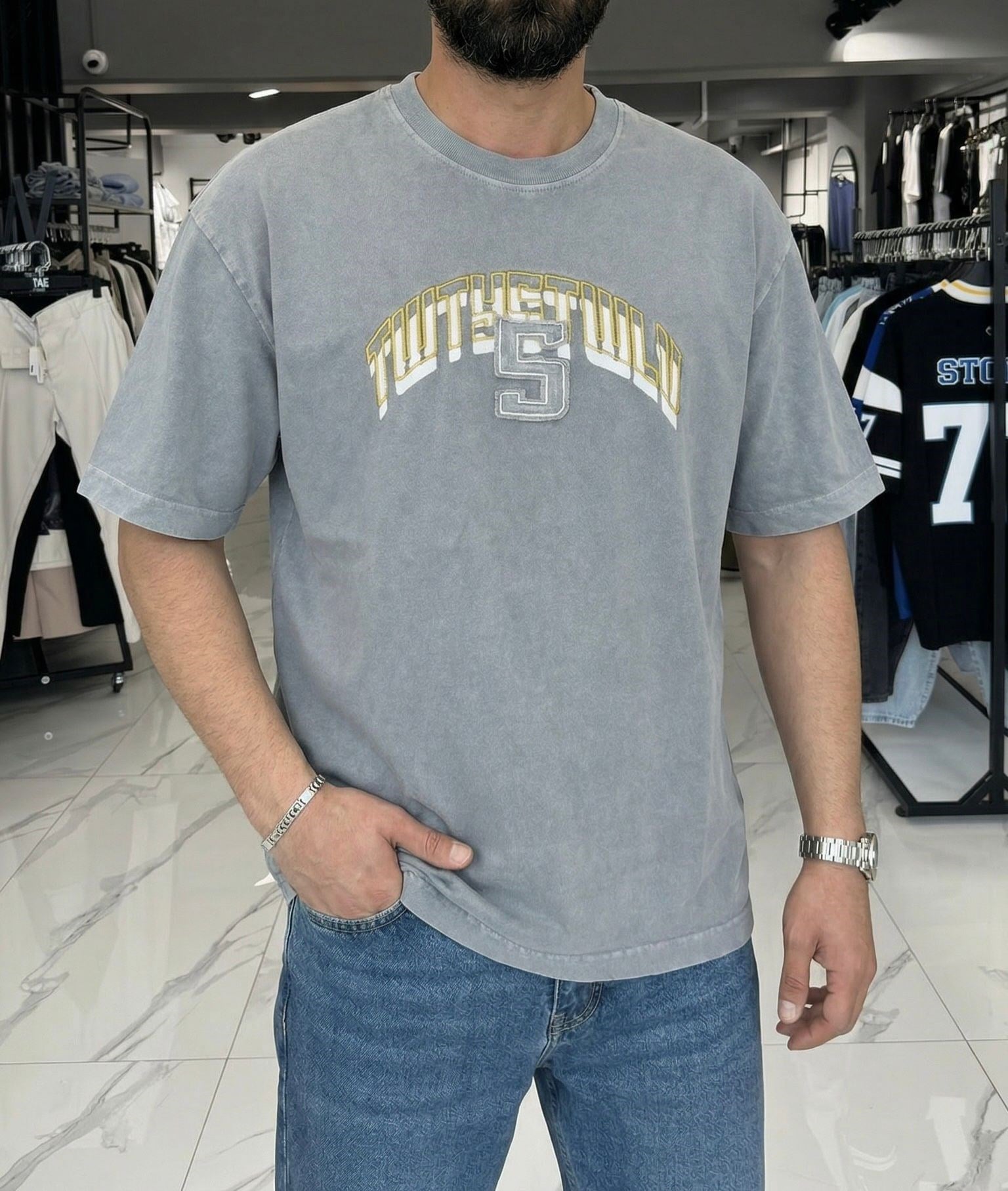 5 Number Dokumalı T-shirt Gri