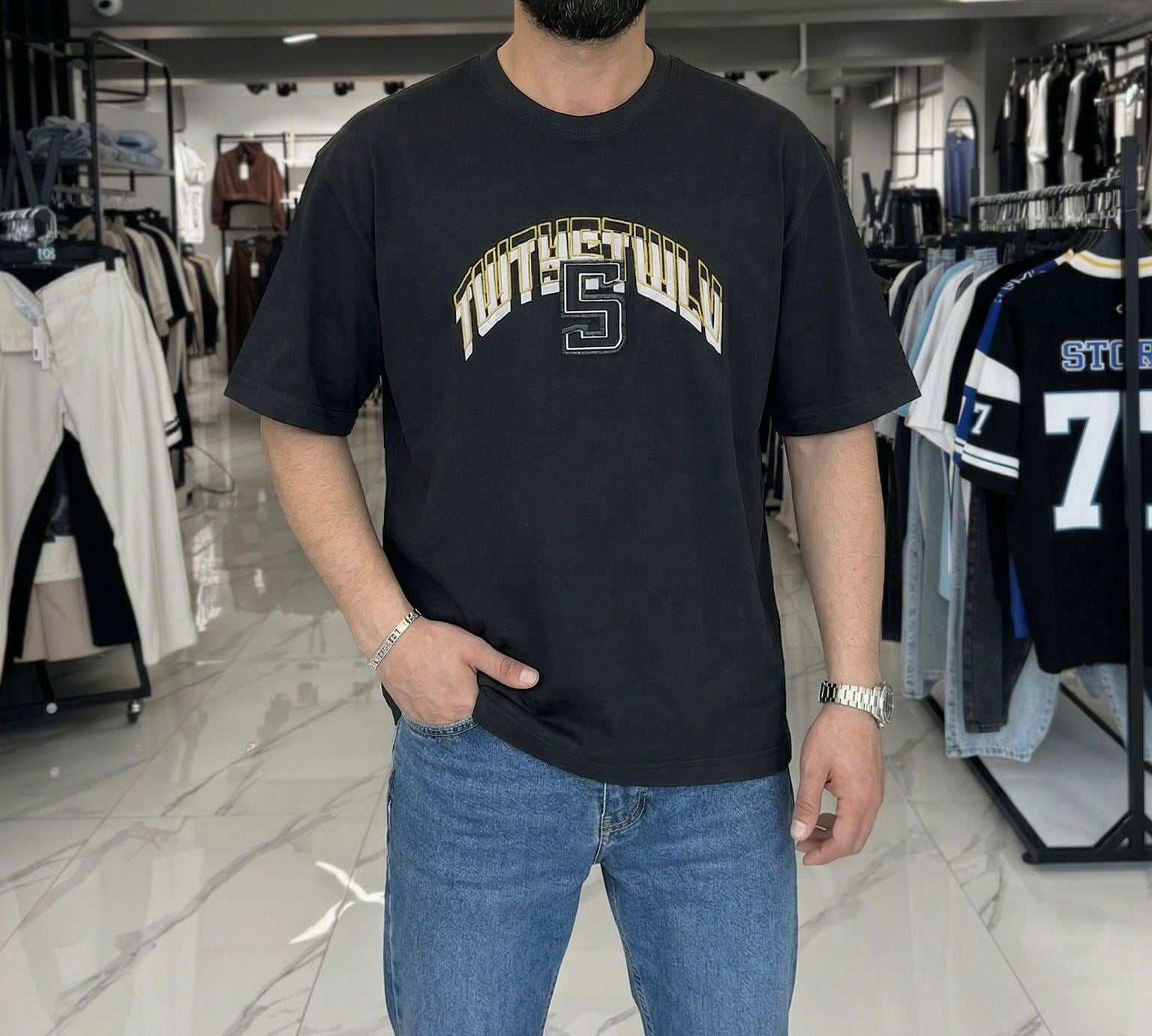 5 Number Dokumalı T-shirt Siyah