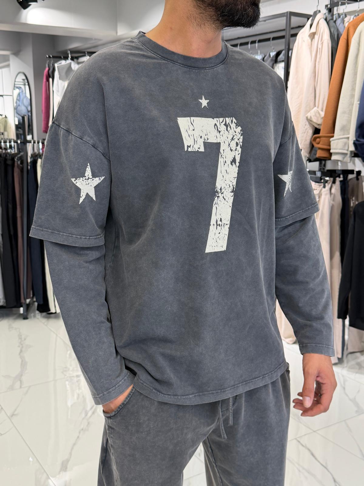 7 Numara Baskılı Sweatshirt Füme