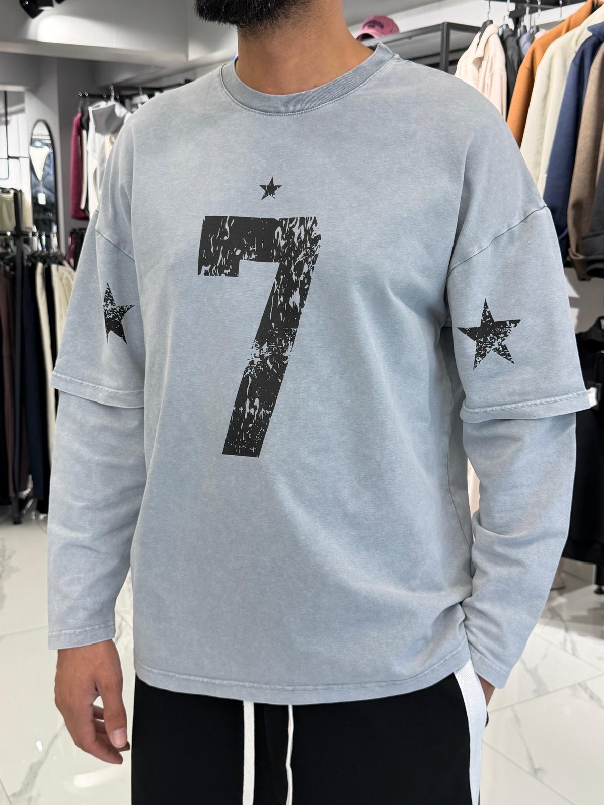 7 Numara Baskılı Sweatshirt Gri