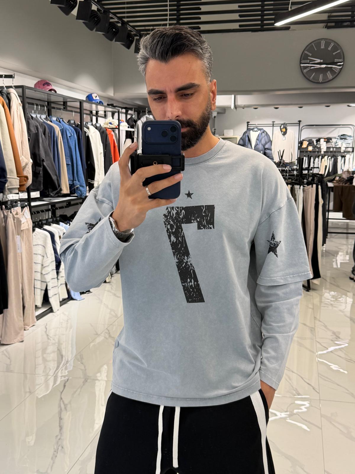 7 Numara Baskılı Sweatshirt Gri