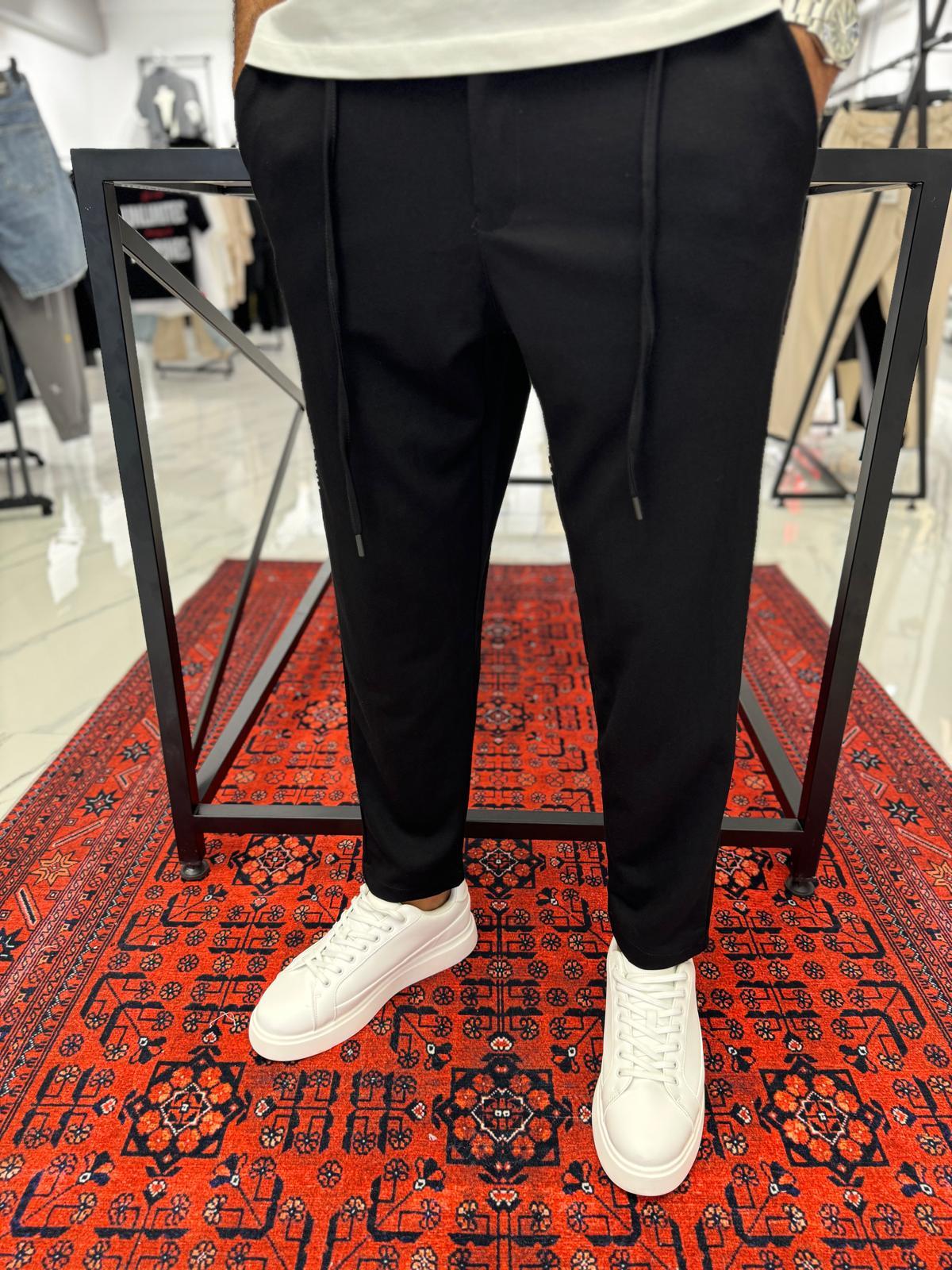 Armür Örme Kumaş Likralı Ayarlanabilir Kemerli Pantolon Siyah