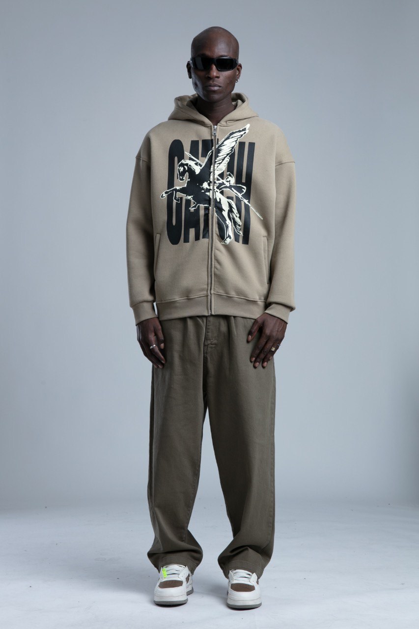 Baskı Detaylı Fermuarlı Sweatshirt Haki