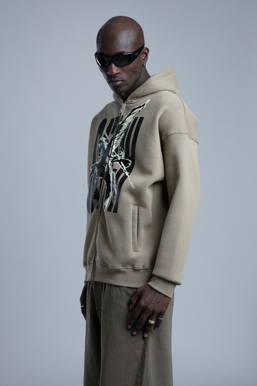 Baskı Detaylı Fermuarlı Sweatshirt Haki