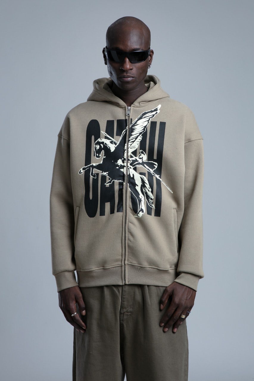 Baskı Detaylı Fermuarlı Sweatshirt Haki