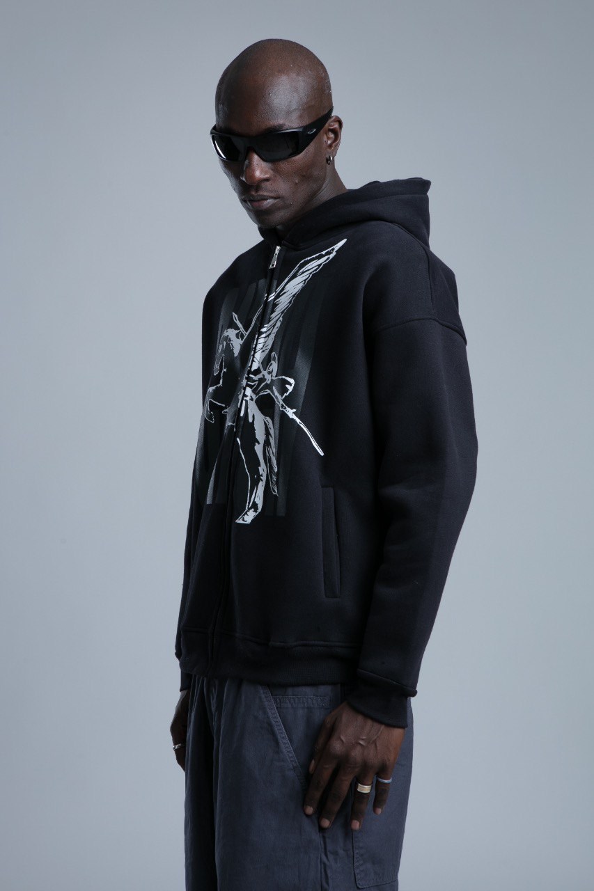 Baskı Detaylı Fermuarlı Sweatshirt Siyah