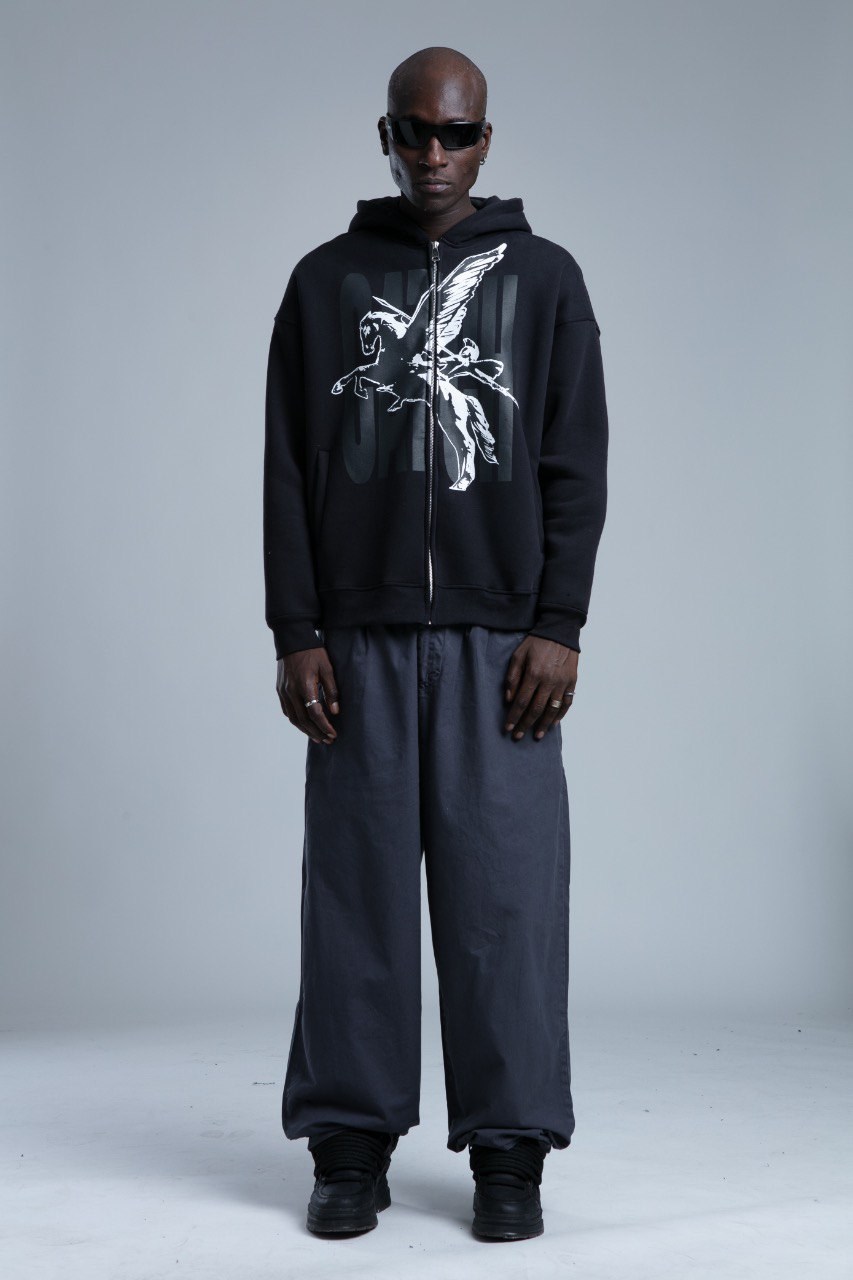Baskı Detaylı Fermuarlı Sweatshirt Siyah