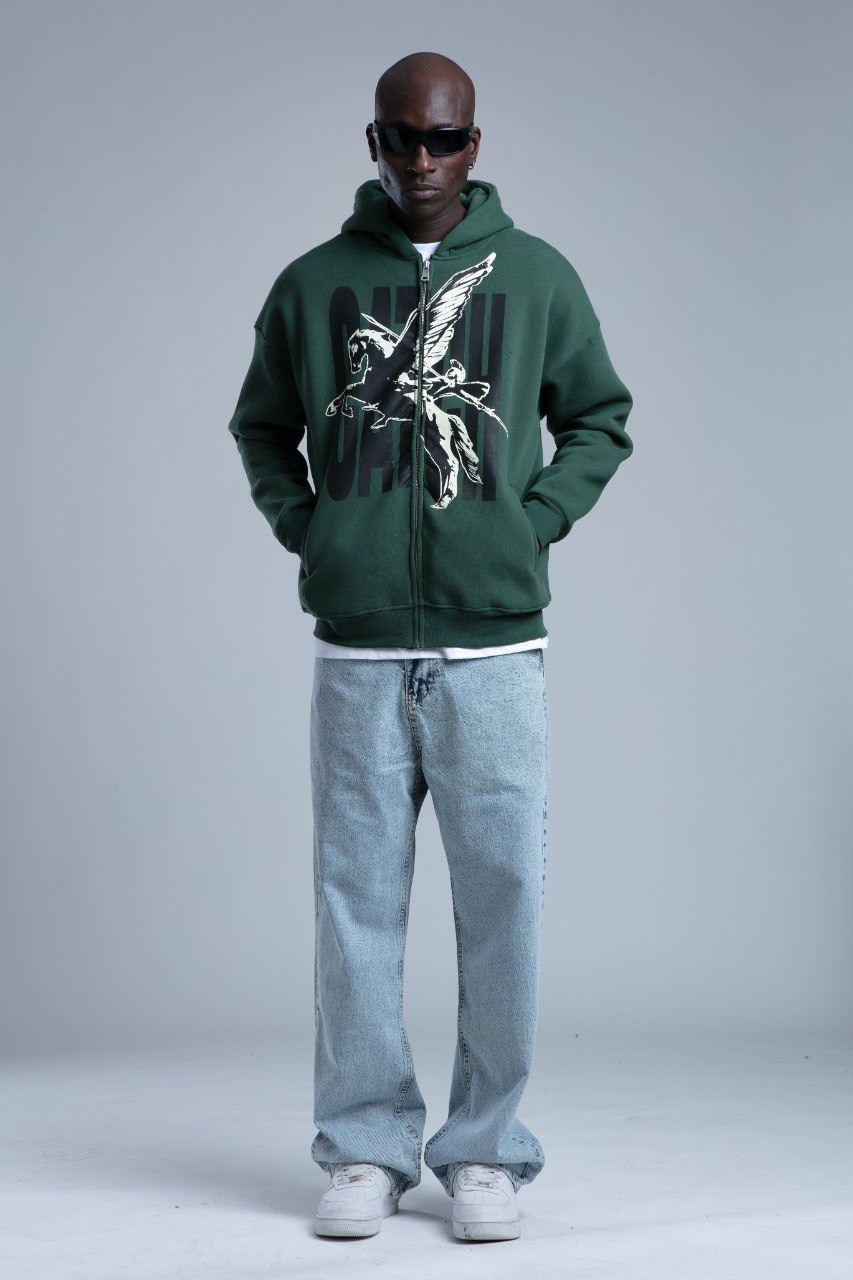 Baskı Detaylı Fermuarlı Sweatshirt Yeşil