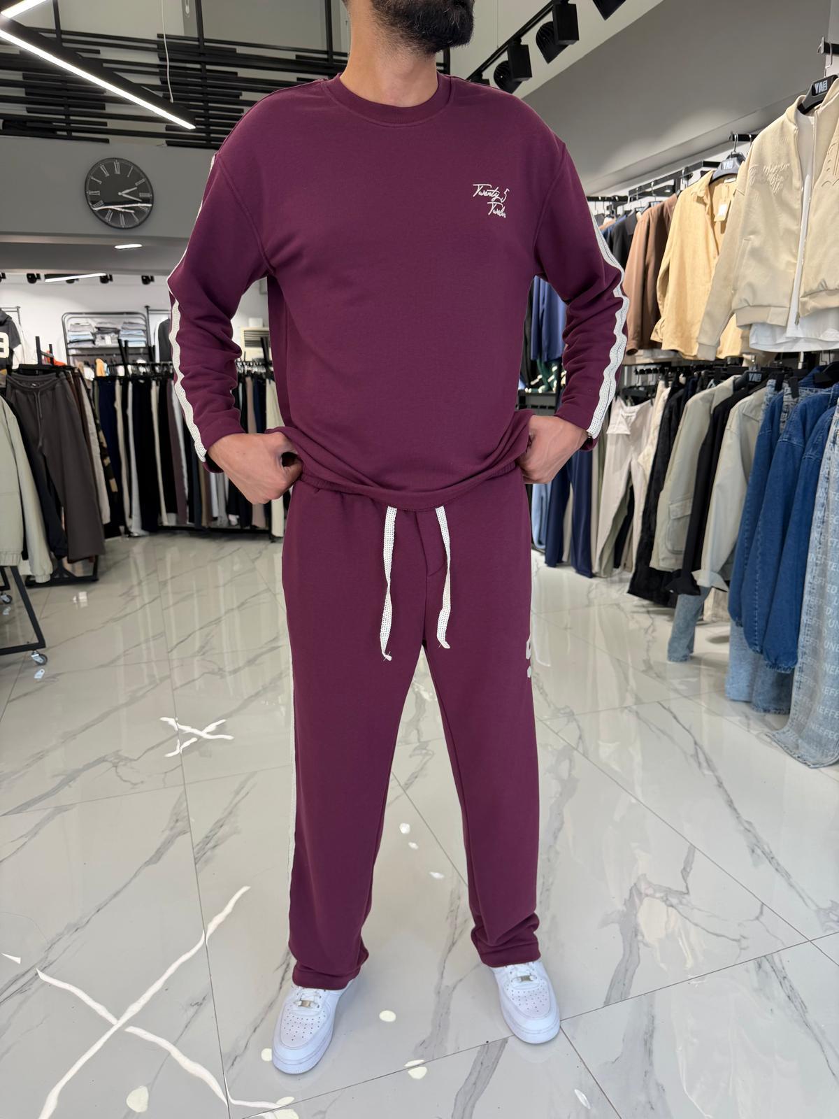 Baskılı Şerit Detaylı Takım Bordo