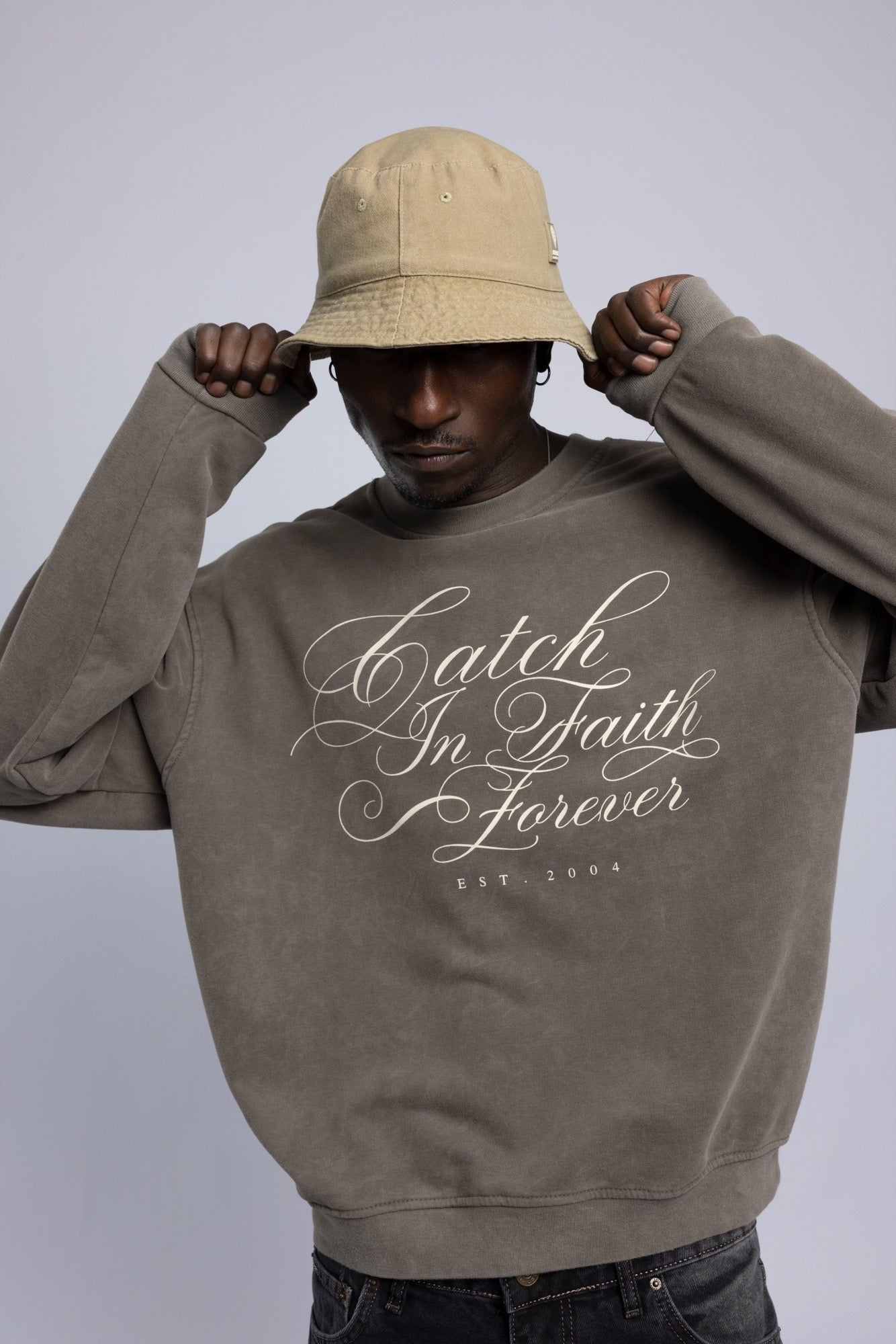 Baskılı Washed Oversize Sweatshirt Haki