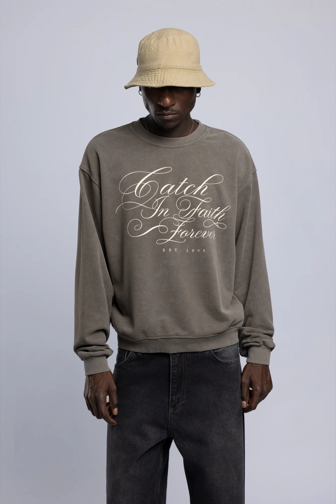 Baskılı Washed Oversize Sweatshirt Haki