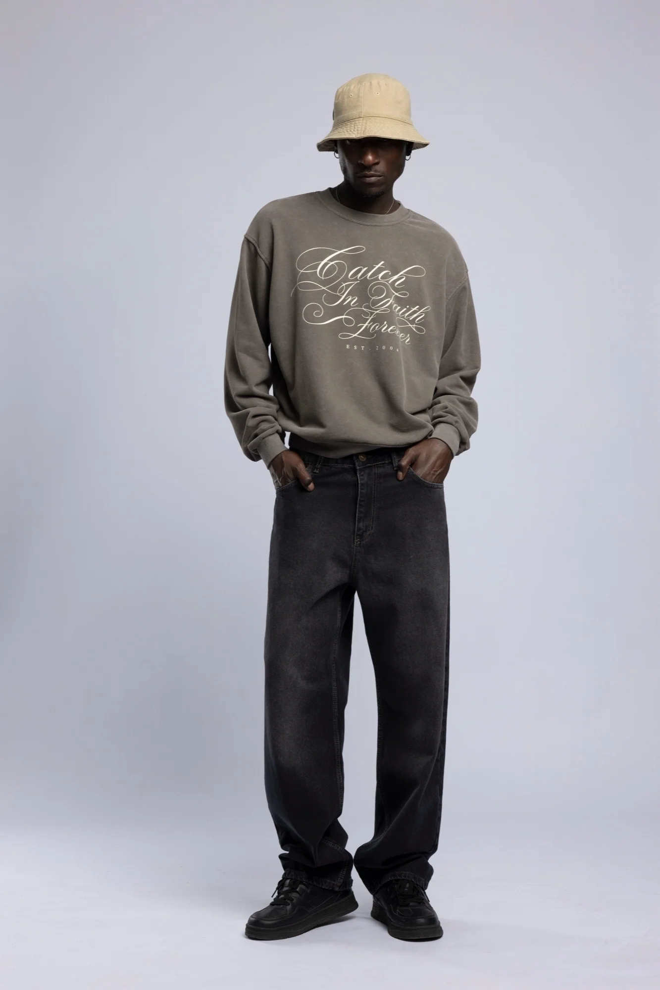 Baskılı Washed Oversize Sweatshirt Haki