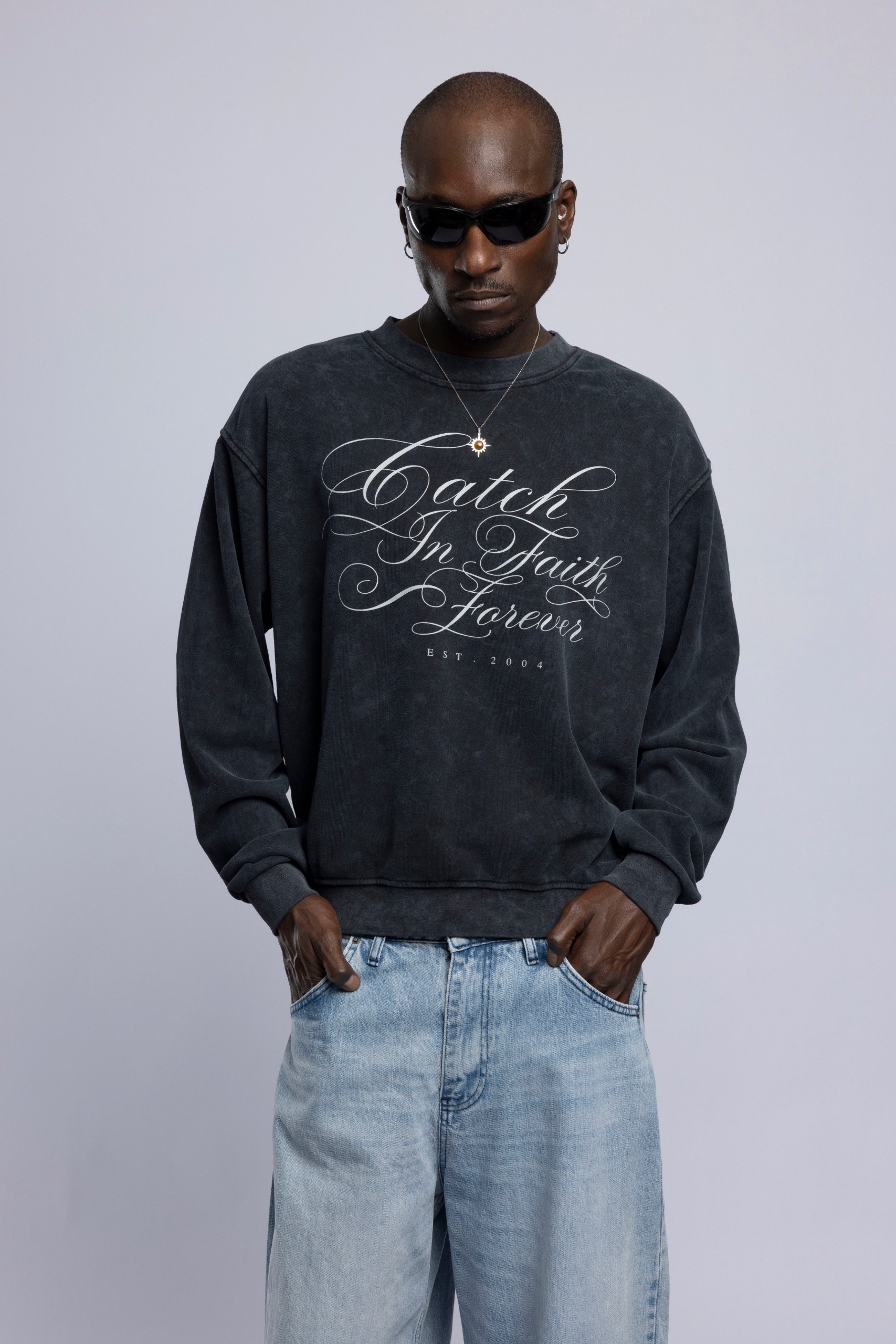 Baskılı Washed Oversize Sweatshirt Siyah