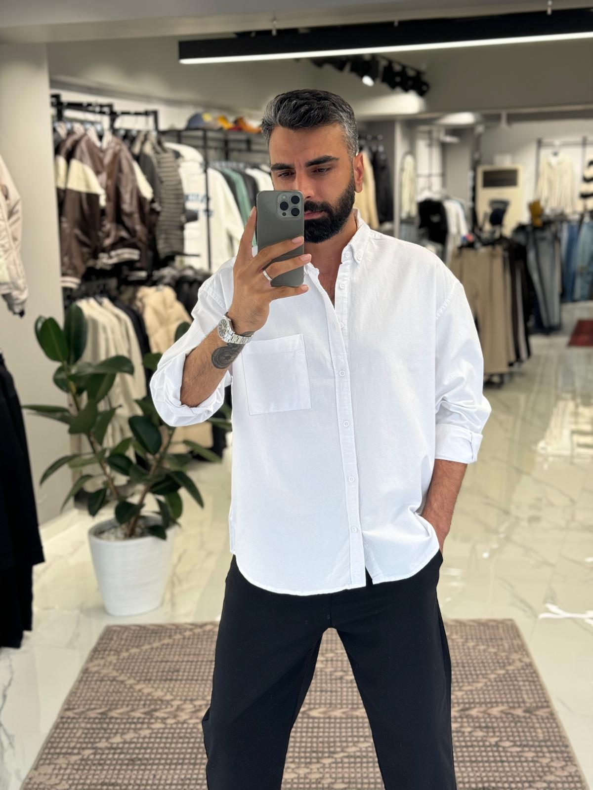 Cep Detay Basic Gömlek Beyaz