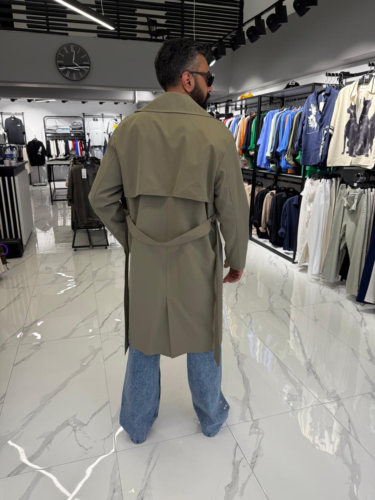 Çift Düğmeli Oversize Kalıp Trençkot Haki