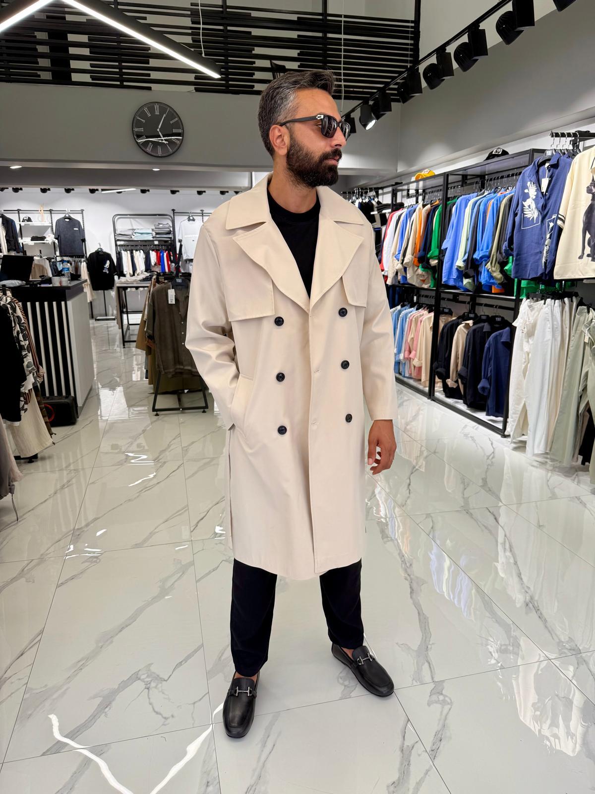 Çift Düğmeli Oversize Kalıp Trençkot Krem