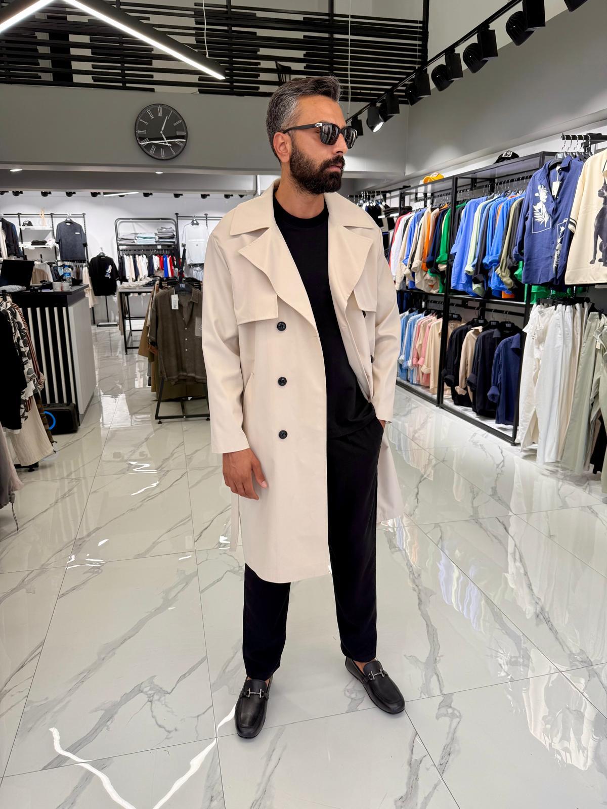 Çift Düğmeli Oversize Kalıp Trençkot Krem