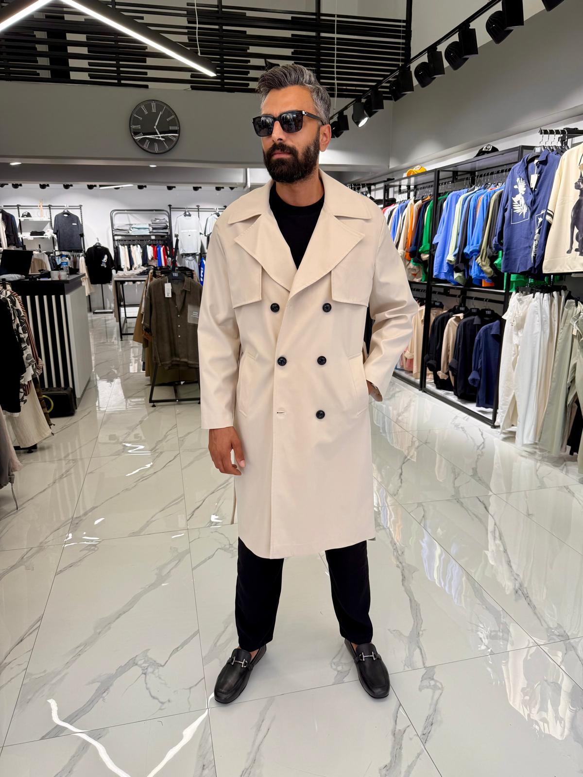 Çift Düğmeli Oversize Kalıp Trençkot Krem