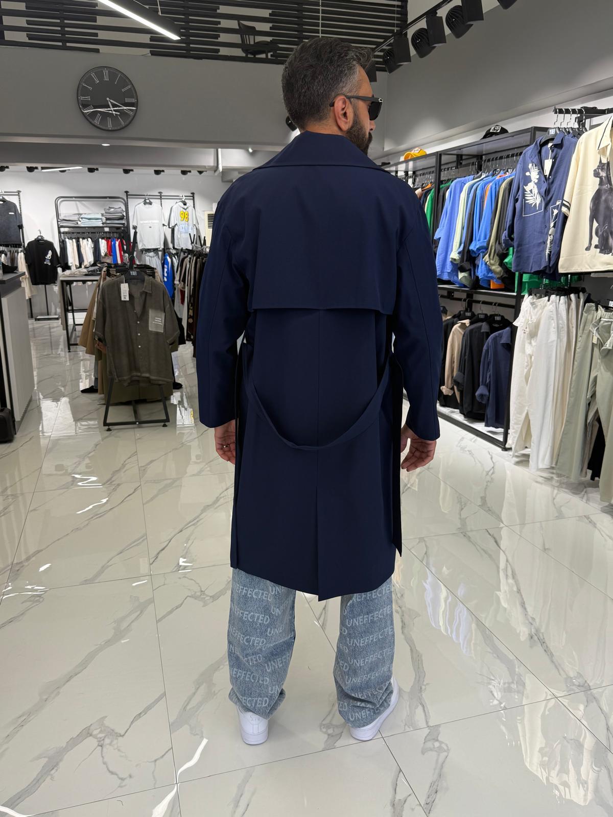 Çift Düğmeli Oversize Kalıp Trençkot Lacivert