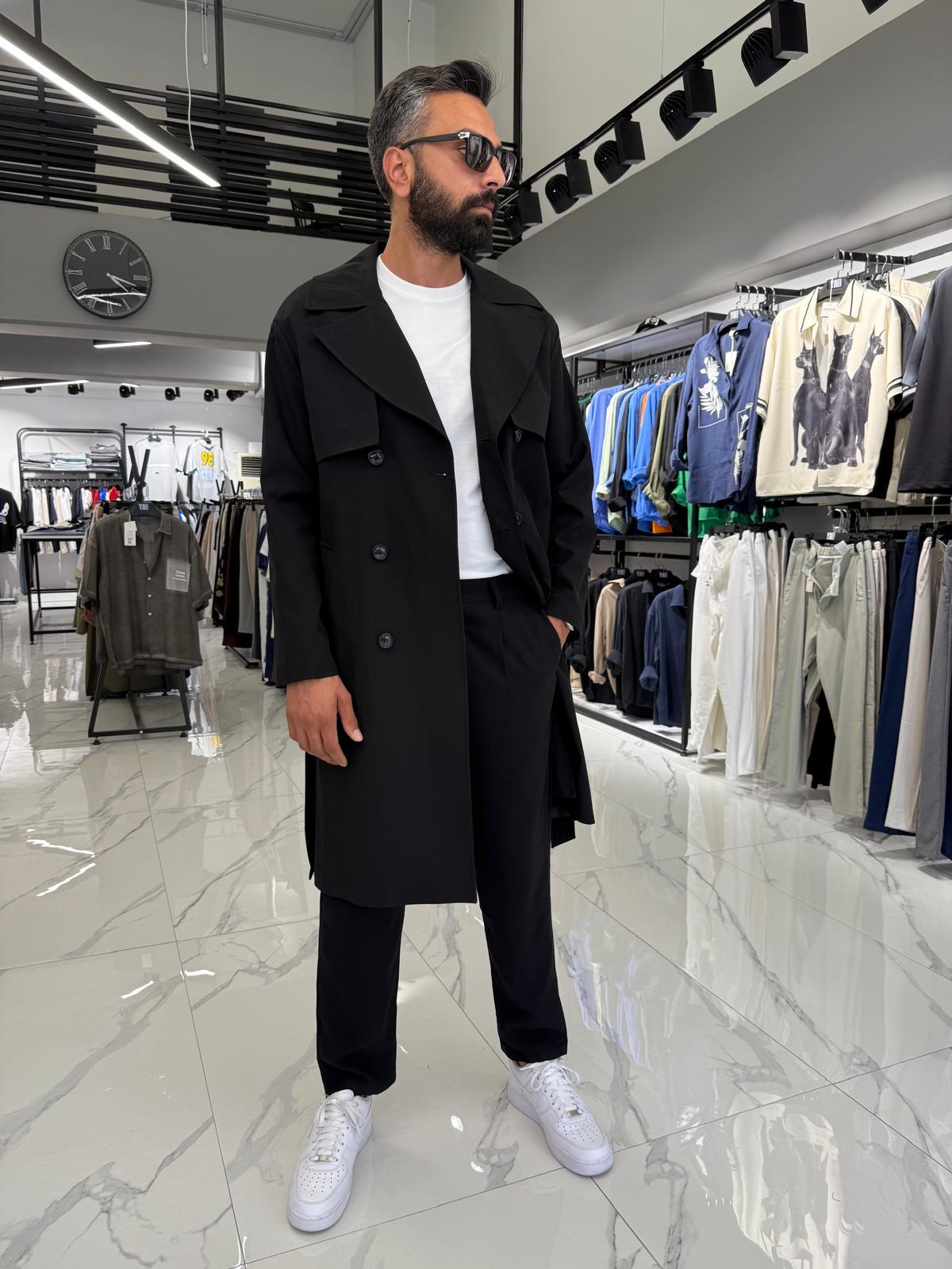 Çift Düğmeli Oversize Kalıp Trençkot Siyah