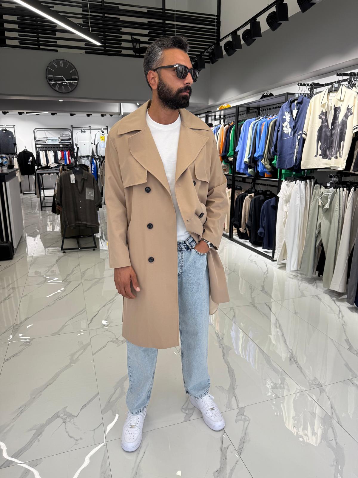 Çift Düğmeli Oversize Kalıp Trençkot Sütlü Kahve