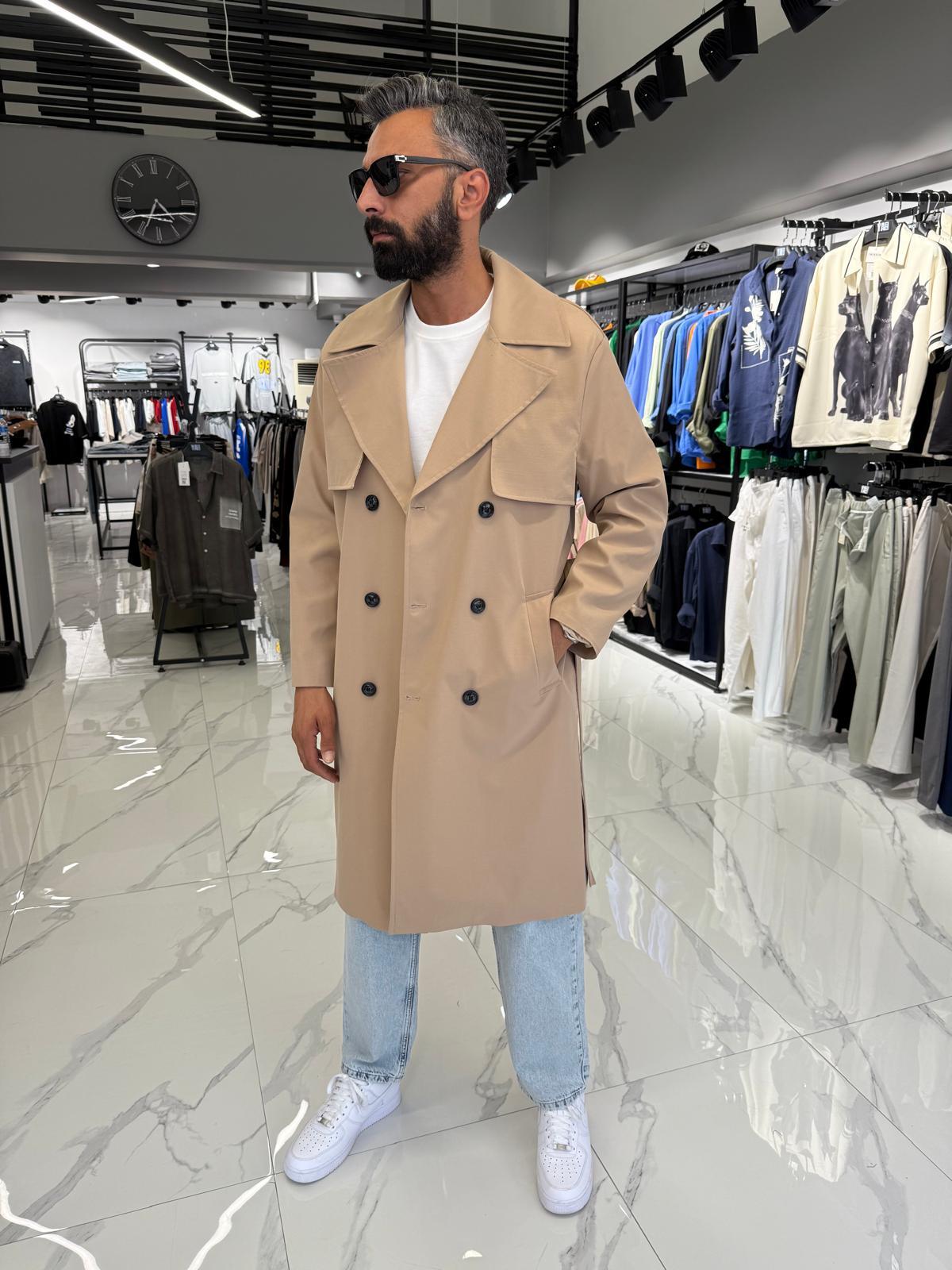 Çift Düğmeli Oversize Kalıp Trençkot Sütlü Kahve