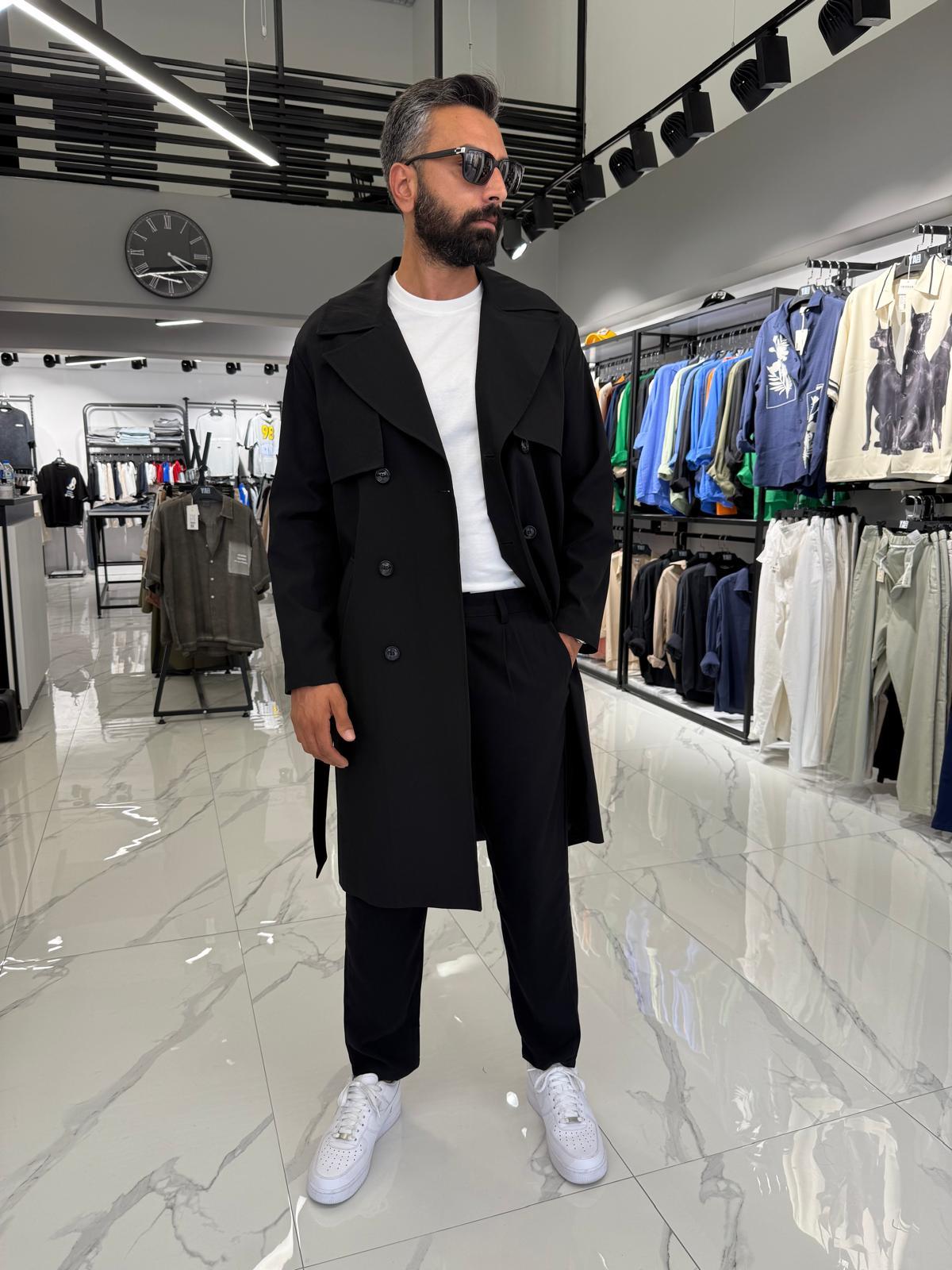 Çift Düğmeli Oversize Kalıp Trençkot Siyah