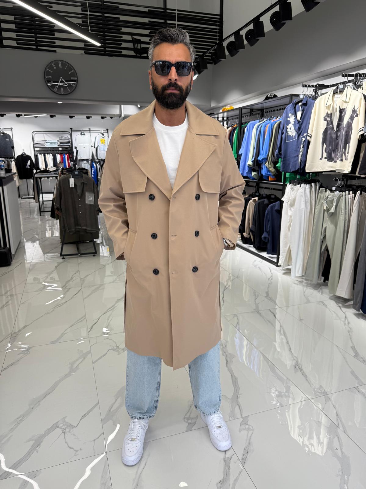 Çift Düğmeli Oversize Kalıp Trençkot Sütlü Kahve