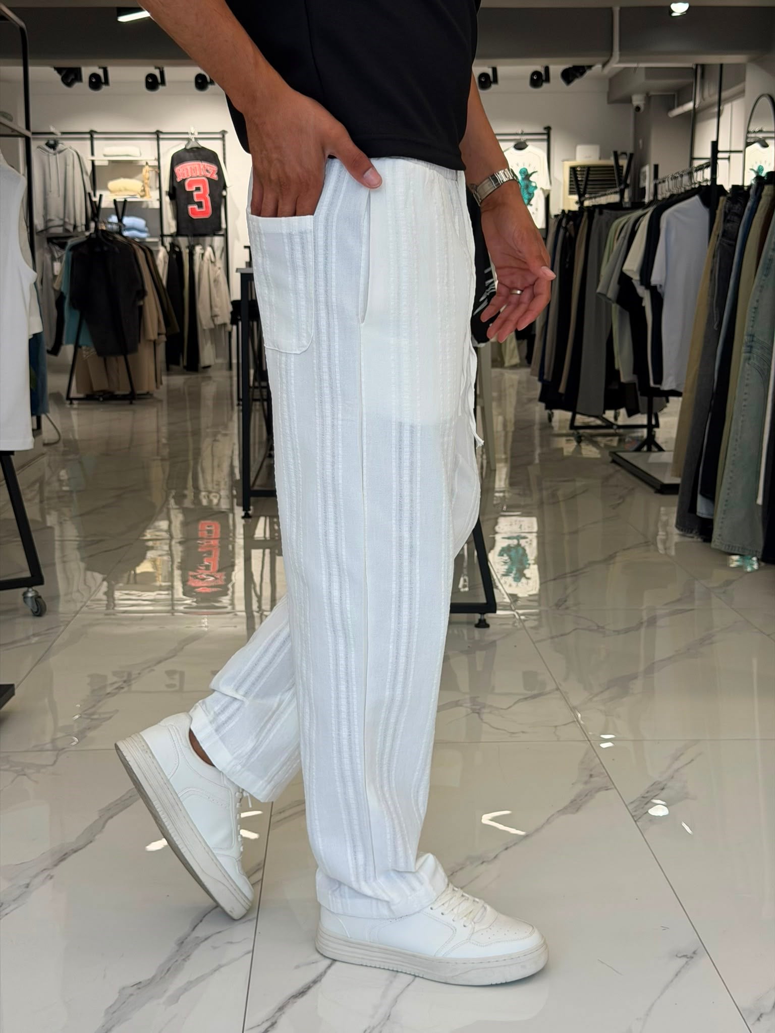 Çizgili Detaylı Keten Pantolon Beyaz
