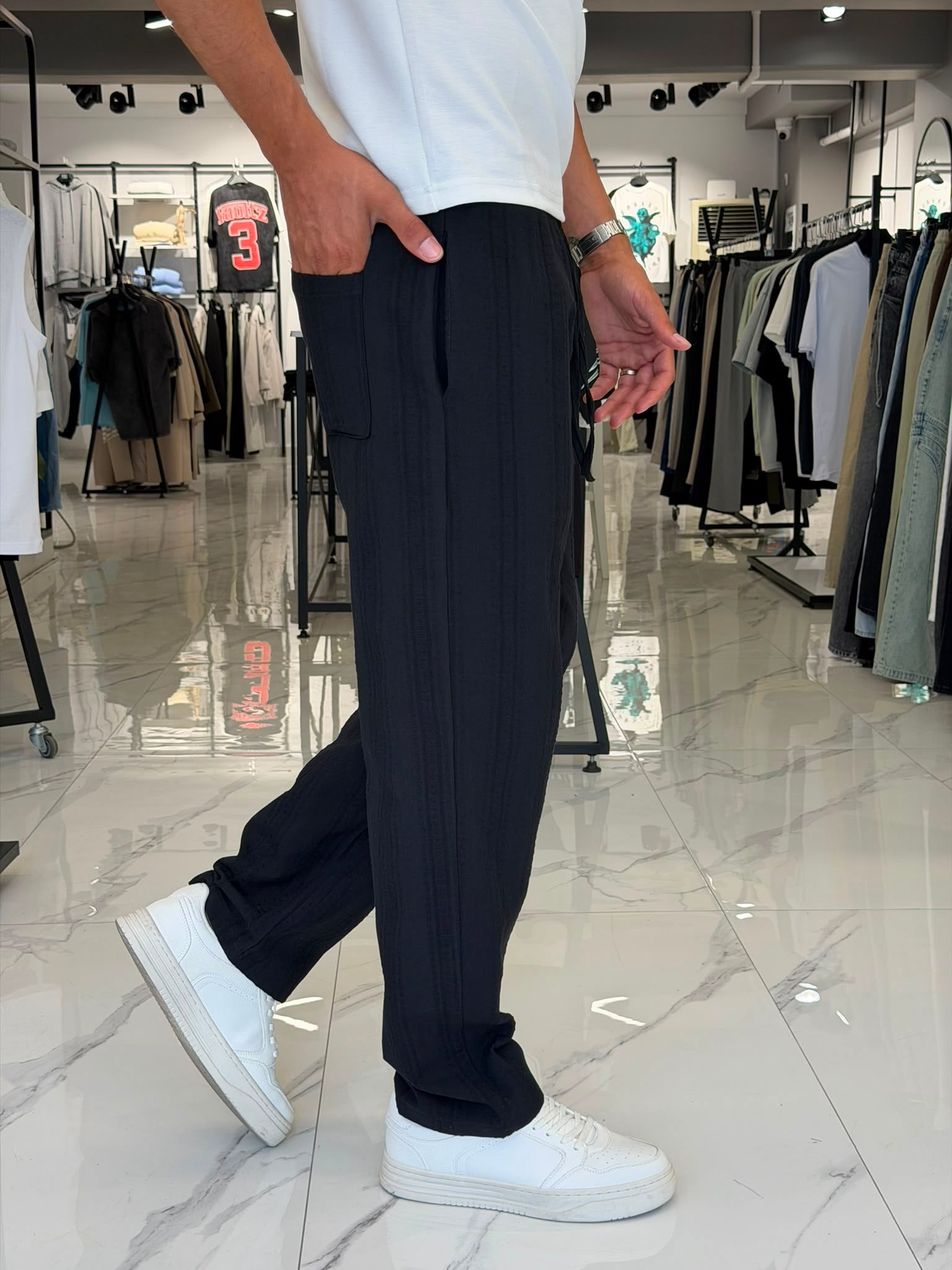 Çizgili Detaylı Keten Pantolon Siyah