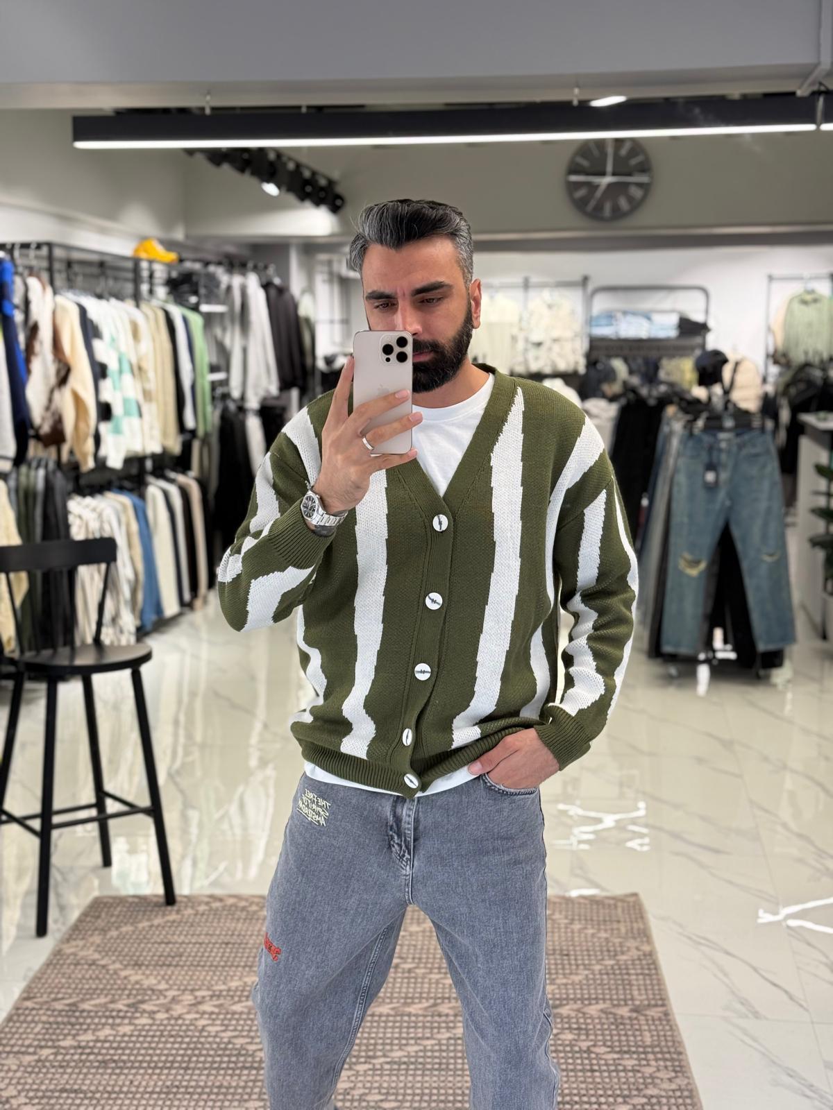 Çizgili Örme Triko Hırka Haki