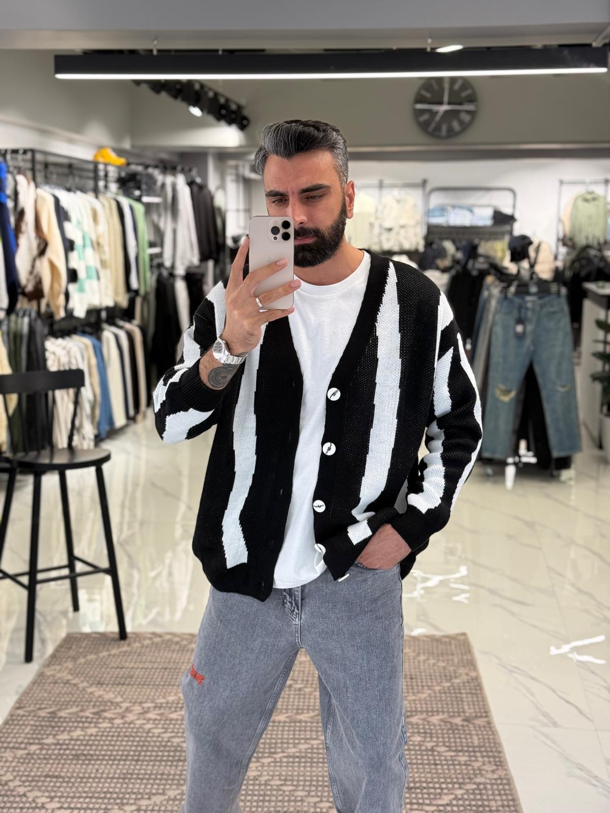 Çizgili Örme Triko Hırka Siyah