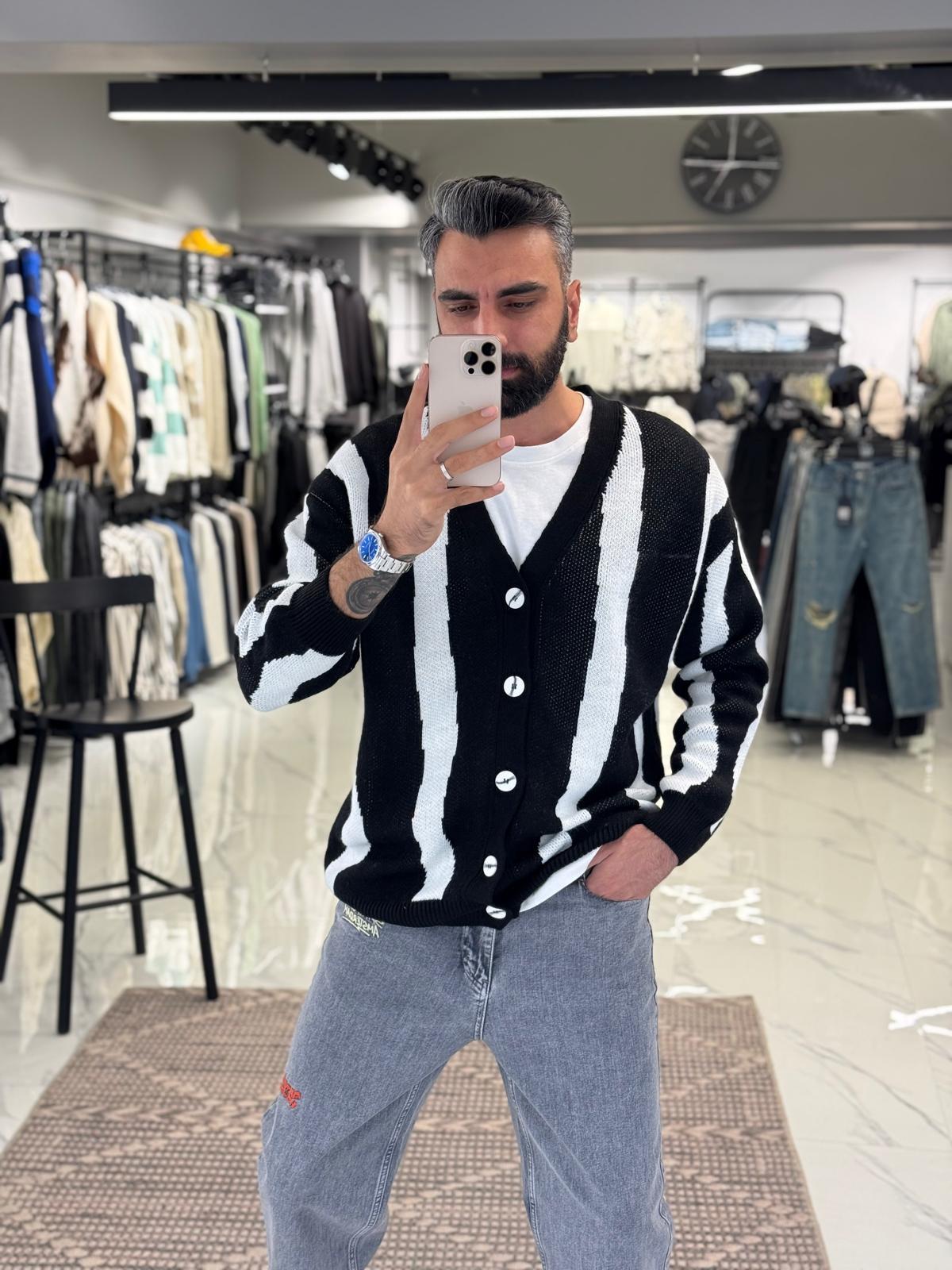 Çizgili Örme Triko Hırka Siyah