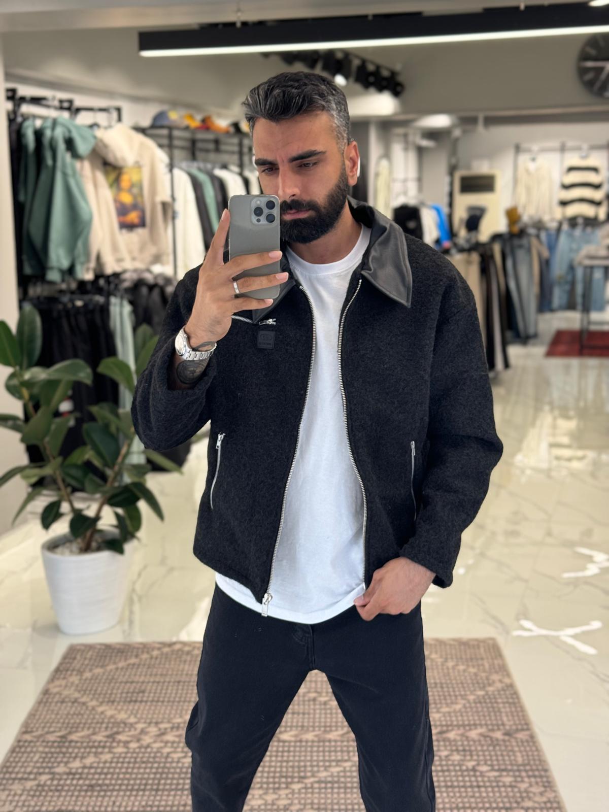Deri Yaka Kaşe Ceket Siyah