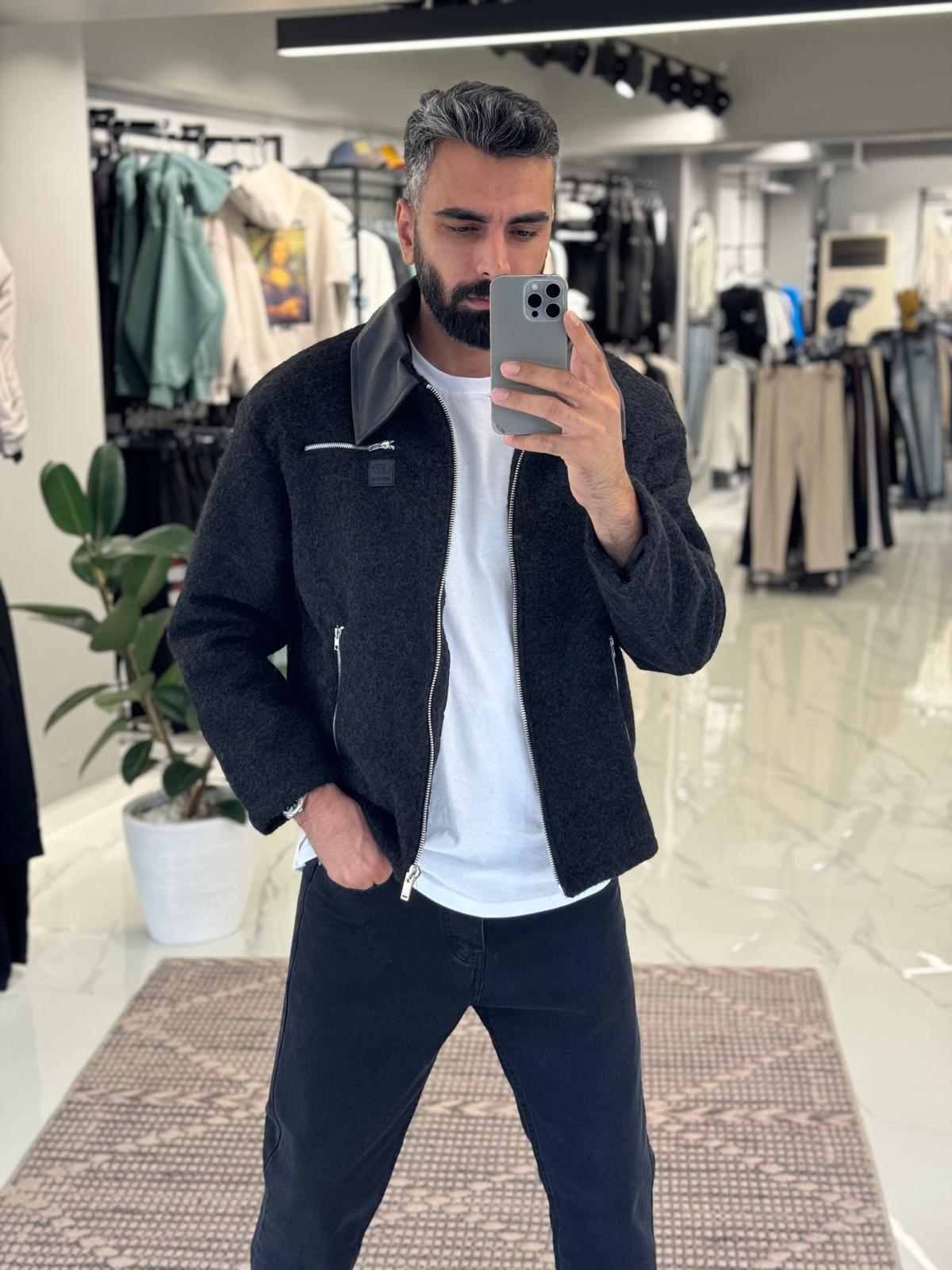 Deri Yaka Kaşe Ceket Siyah