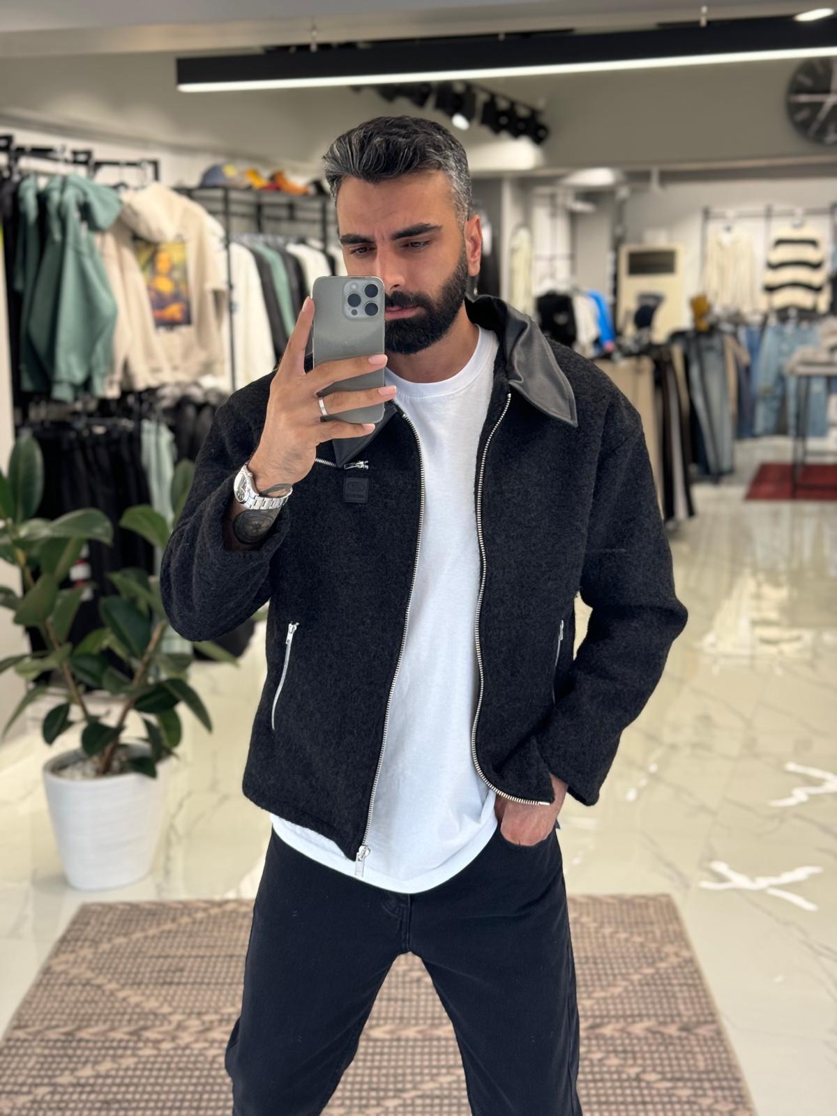 Deri Yaka Kaşe Ceket Siyah