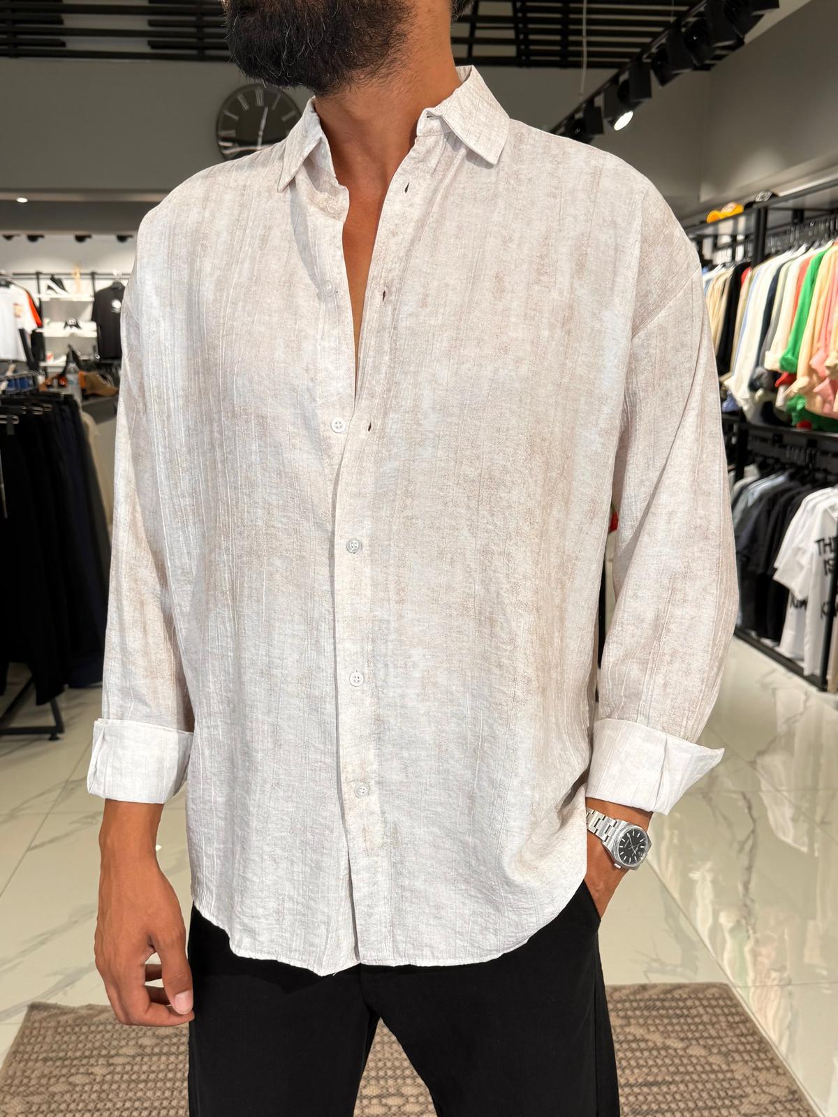 Desenli Modal Kumaş Oversize Gömlek Bej