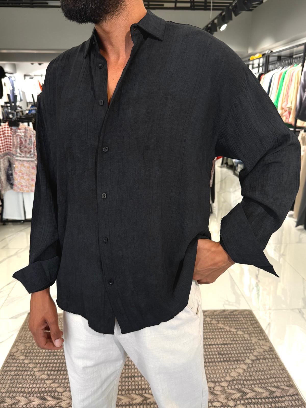 Desenli Modal Kumaş Oversize Gömlek Siyah