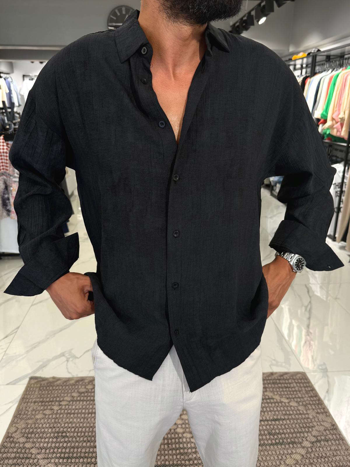 Desenli Modal Kumaş Oversize Gömlek Siyah