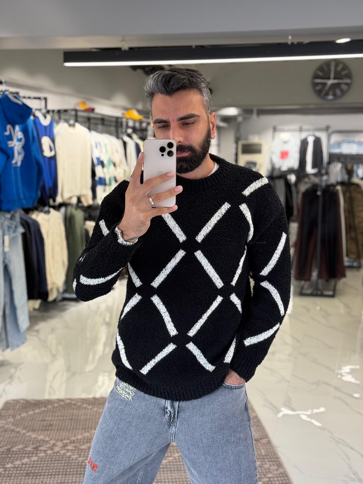 Desenli Oversize Kalıp Kazak Siyah