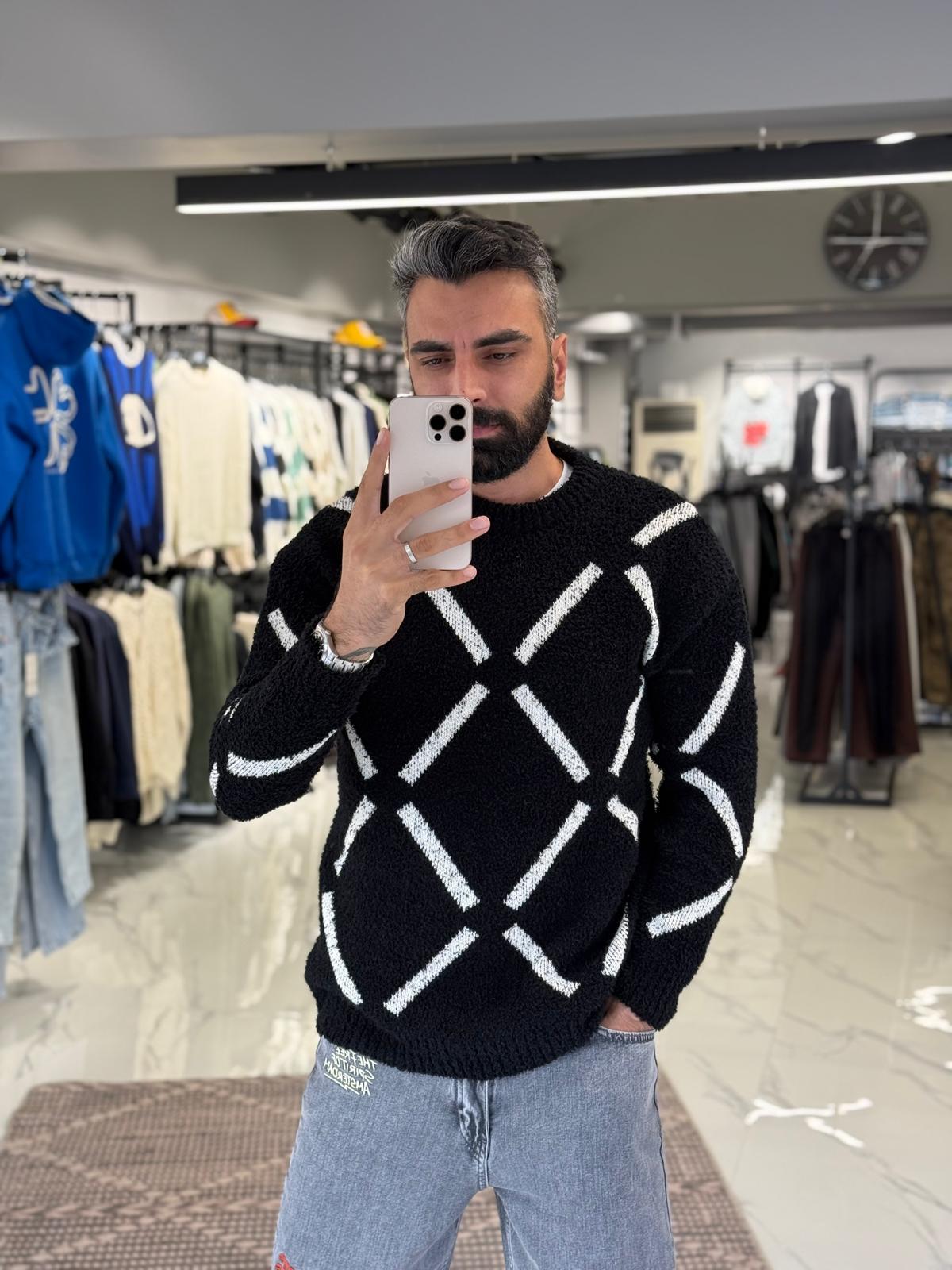 Desenli Oversize Kalıp Kazak Siyah