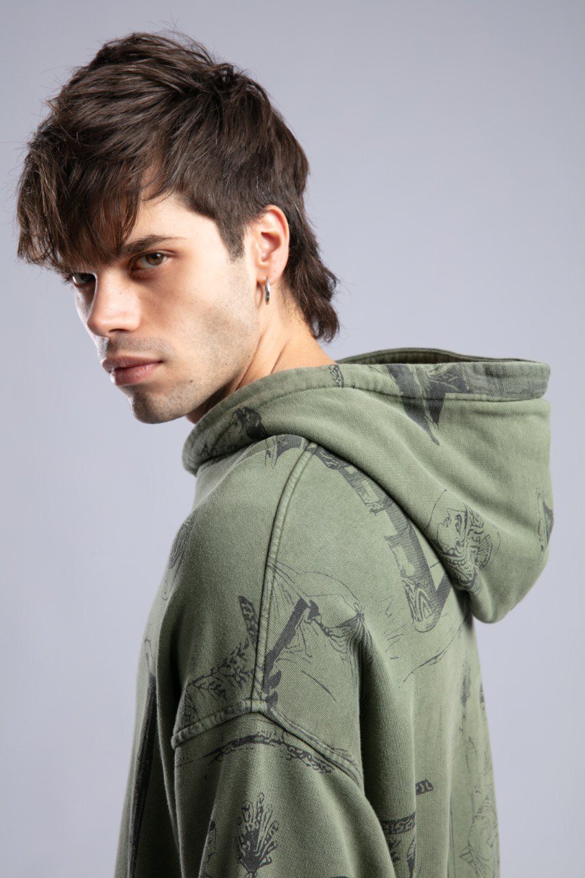 Desenli Oversize Kapüşonlu Sweatshirt Haki