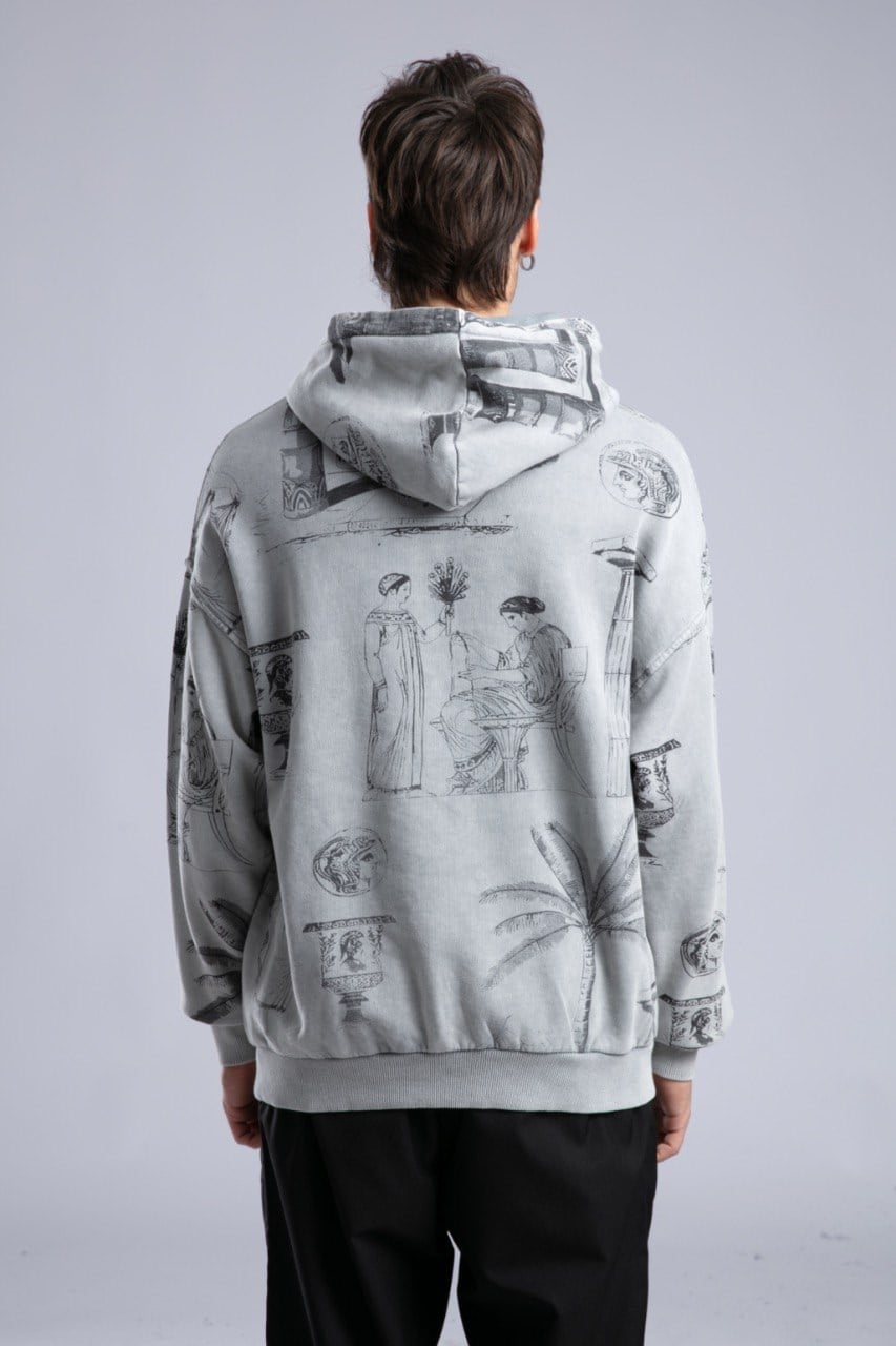 Desenli Oversize Kapüşonlu Sweatshirt Gri