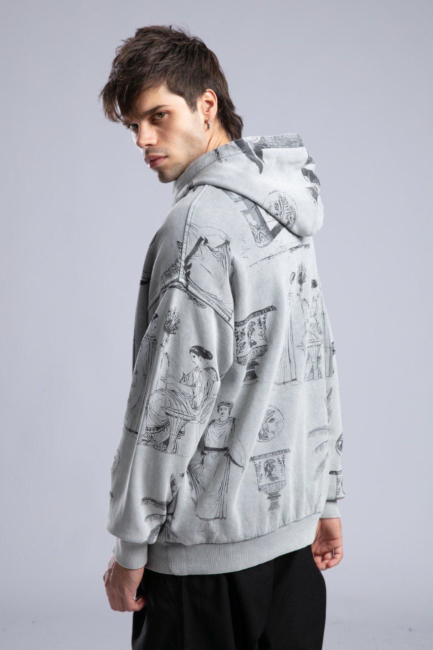 Desenli Oversize Kapüşonlu Sweatshirt Gri